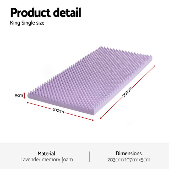 Giselle 5cm Memory Foam Mattress Topper Lavender Infused Egg Crate King Single