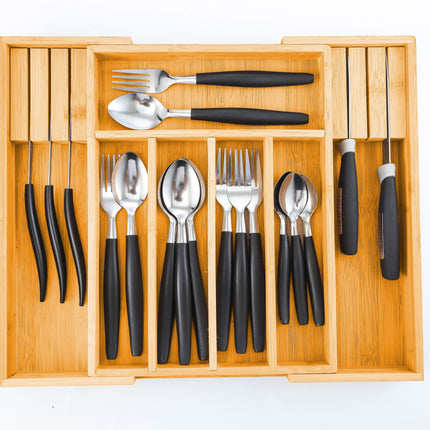Large Capacity Bamboo Expandable Drawer Organizer with Knife Block Holder for Home Kitchen Utensils