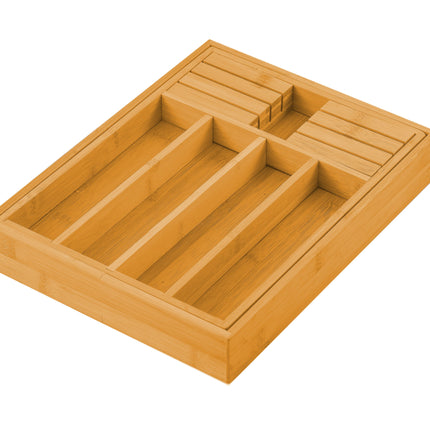 Large Capacity Bamboo Expandable Drawer Organizer with Knife Block Holder for Home Kitchen Utensils