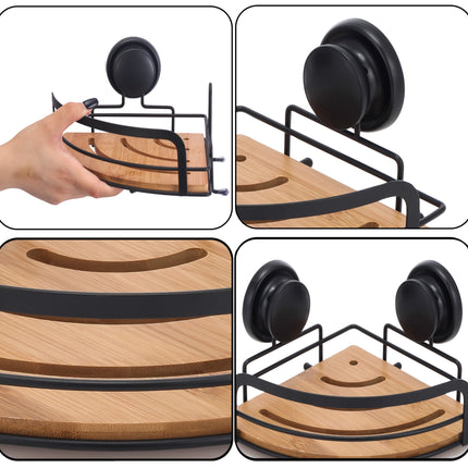 2 Pack Round Bamboo Corner Shower Caddy Shelf Basket Rack with Premium Vacuum Suction Cup No-Drilling for Bathroom and Kitchen