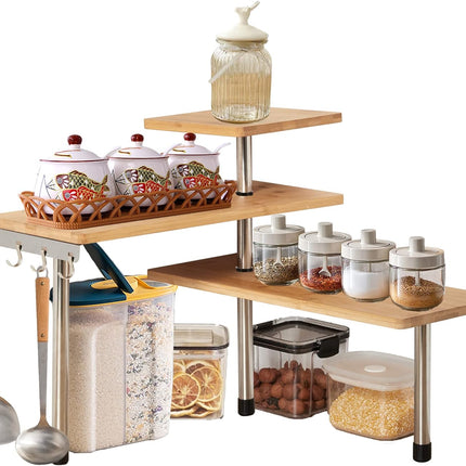 CARLA HOME 3 Tier Corner Shelf Kitchen Spice Rack Organiser with Hooks for Home Storage & Organisation
