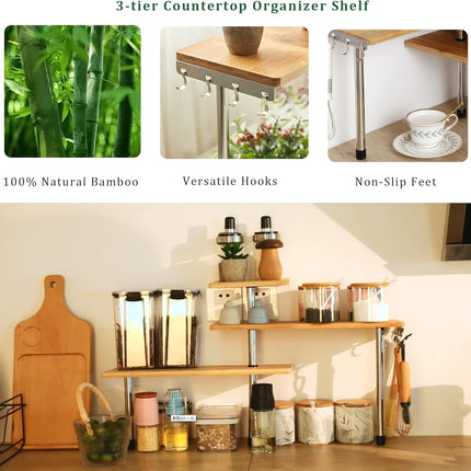 CARLA HOME 3 Tier Corner Shelf Kitchen Spice Rack Organiser with Hooks for Home Storage & Organisation