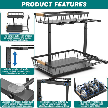 2-Tier Kitchen Under Sink Organiser Storage with Height Adjustable, Unique Slide Rail & Suction Cups for Storage