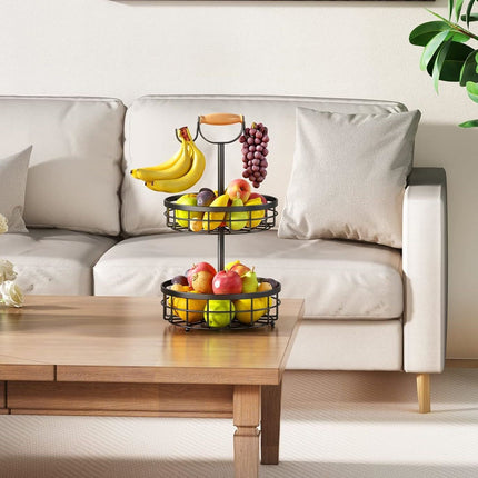 2-Tier Fruit Basket Bowl Storage with Wood Lift Handle and Dual Banana Tree Hanger for Kitchen Countertop