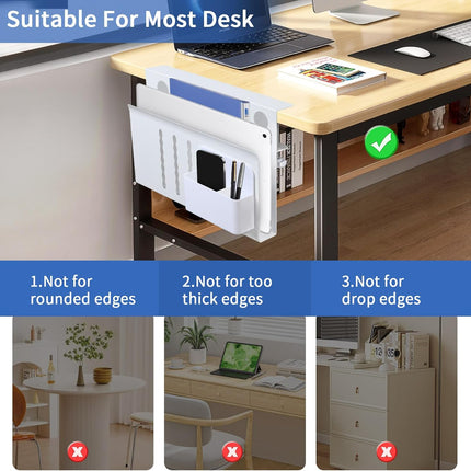 Under Desk Side Laptop Holder Storage with No Drill Cable Management Tray and Pen Storage for Office and Home
