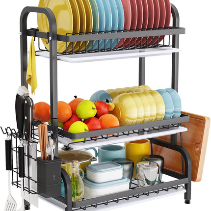 Dish Drying Rack 3 Tier Large Capacity Kitchen Storage with Utensil and Cutting Board Holder