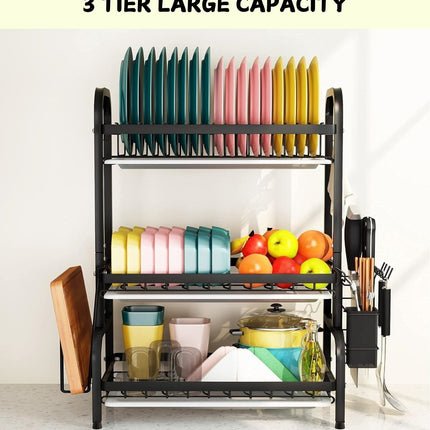 Dish Drying Rack 3 Tier Large Capacity Kitchen Storage with Utensil and Cutting Board Holder