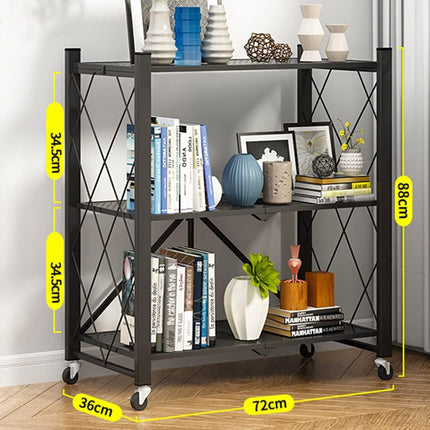 CARLA HOME 3-Tier Foldable Storage Shelf with Wheels for Kitchen, Garage, Pantry or Basement (Black)