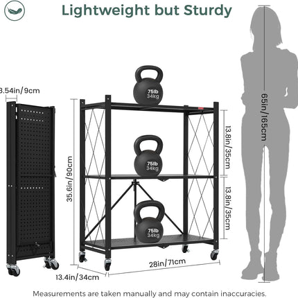 CARLA HOME 3-Tier Foldable Storage Shelf with Wheels for Kitchen, Garage, Pantry or Basement (Black)