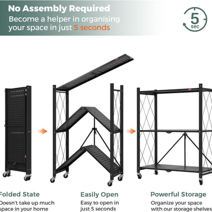 CARLA HOME 3-Tier Foldable Storage Shelf with Wheels for Kitchen, Garage, Pantry or Basement (Black)