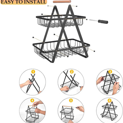 CARLA HOME 2-Tier Fruit Basket Stand for Kitchen Countertop for Fruits, Vegetables, Bread & Snacks with Wooden Handle