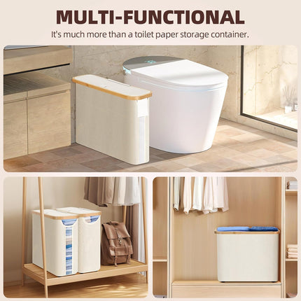 CARLA HOME Toilet Paper Storage Basket Holds Up to 12 Rolls with Bamboo Lid and Handle for RV Closet (White)