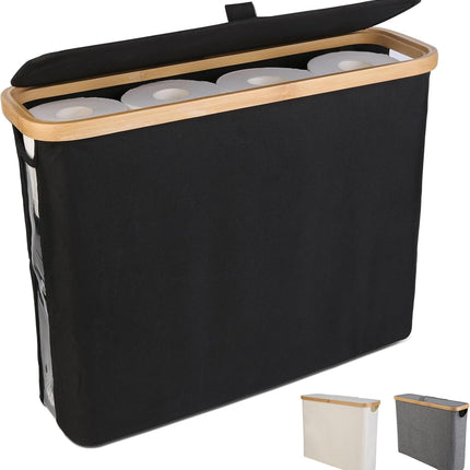 CARLA HOME Toilet Paper Storage Basket Holds Up to 12 Rolls with Bamboo Lid and Handle for RV Closet (Black)