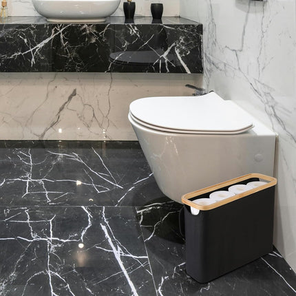 CARLA HOME Toilet Paper Storage Basket Holds Up to 12 Rolls with Bamboo Lid and Handle for RV Closet (Black)