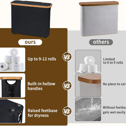 CARLA HOME Toilet Paper Storage Basket Holds Up to 12 Rolls with Bamboo Lid and Handle for RV Closet (Black)