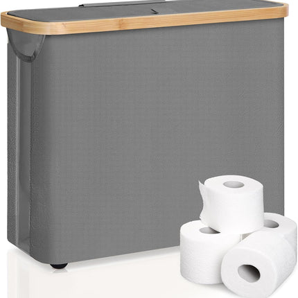 CARLA HOME Toilet Paper Storage Basket Holds Up to 12 Rolls with Bamboo Lid and Handle for RV Closet (Grey)