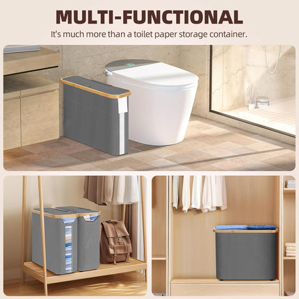 CARLA HOME Toilet Paper Storage Basket Holds Up to 12 Rolls with Bamboo Lid and Handle for RV Closet (Grey)