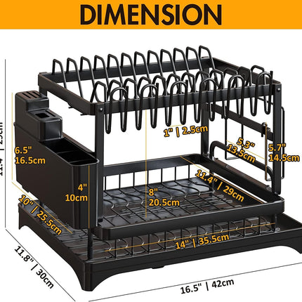 CARLA HOME 2-Tier Dish Drying Rack with Drainage Tray, Utensil Holder, Cup Hooks & Cutting Board Slot for Countertop Kitchen Storage (Black)