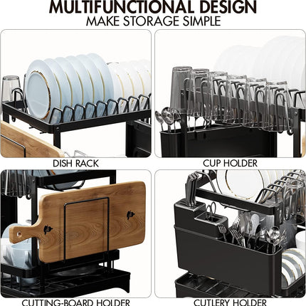 CARLA HOME 2-Tier Dish Drying Rack with Drainage Tray, Utensil Holder, Cup Hooks & Cutting Board Slot for Countertop Kitchen Storage (Black)
