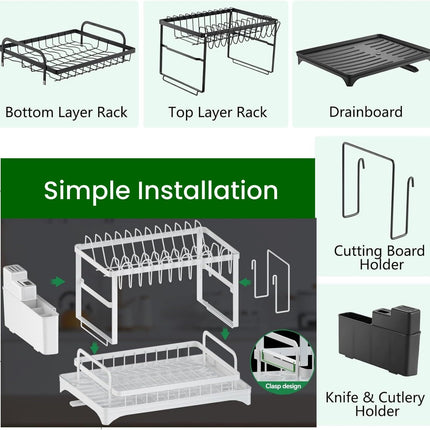CARLA HOME 2-Tier Dish Drying Rack with Drainage Tray, Utensil Holder, Cup Hooks & Cutting Board Slot for Countertop Kitchen Storage (White)