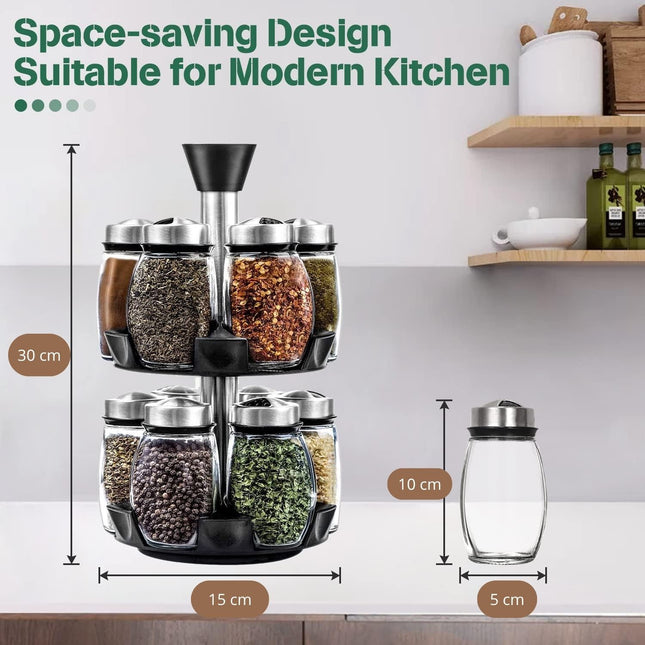 CARLA HOME Rotating Spice Rack Organizer with 16 Glass Jars for Kitchen Seasoning and Herb Storage