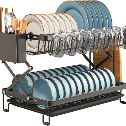 CARLA HOME 2-Tier Dish Drying Rack with Drainage Tray, Utensil Holder, Cup Hooks & Cutting Board Rack for Kitchen (Black)