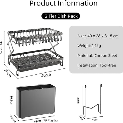 CARLA HOME 2-Tier Dish Drying Rack with Drainage Tray, Utensil Holder, Cup Hooks & Cutting Board Rack for Kitchen (Black)