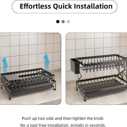 CARLA HOME 2-Tier Dish Drying Rack with Drainage Tray, Utensil Holder, Cup Hooks & Cutting Board Rack for Kitchen (Black)