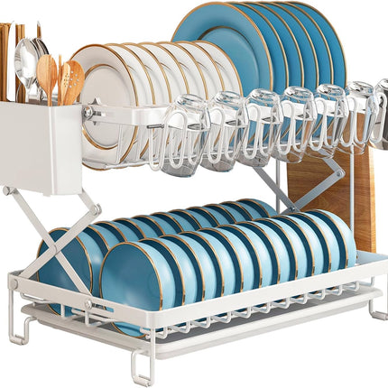 CARLA HOME 2-Tier Dish Drying Rack with Drainage Tray, Utensil Holder, Cup Hooks & Cutting Board Rack for Kitchen (White)