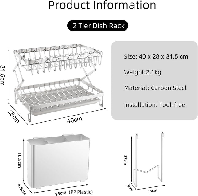 CARLA HOME 2-Tier Dish Drying Rack with Drainage Tray, Utensil Holder, Cup Hooks & Cutting Board Rack for Kitchen (White)
