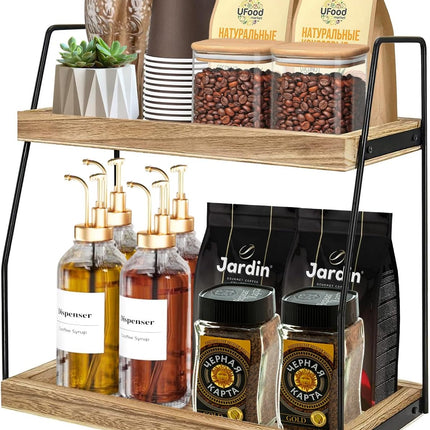 CARLA HOME 2-Tier Wooden Coffee Station Rack Organizer for Coffee Bar, Condiments, Syrups, Storage Jars & Spice Storage Shelf