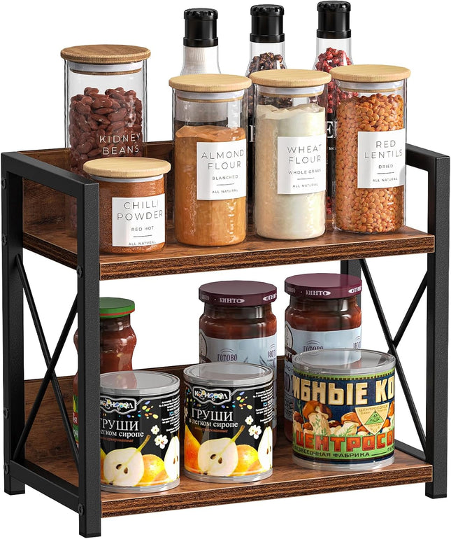 CARLA HOME 2-Tier Countertop Shelf Organizer Rustic Wood Kitchen Spice Rack for Storage, Condiments & Cabinet Organization