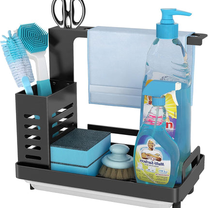 CARLA HOME Kitchen Sink Caddy Organizer with Sponge, Soap & Brush Storage and Rag Rack, Drain Tray & Utensil Holder