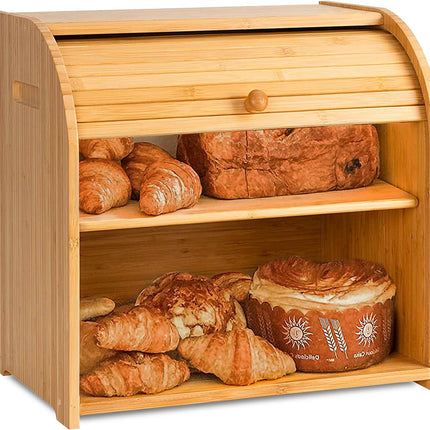 CARLA HOME Large Bamboo Bread Box Storage Organizer with Roll Top for Kitchen Counter