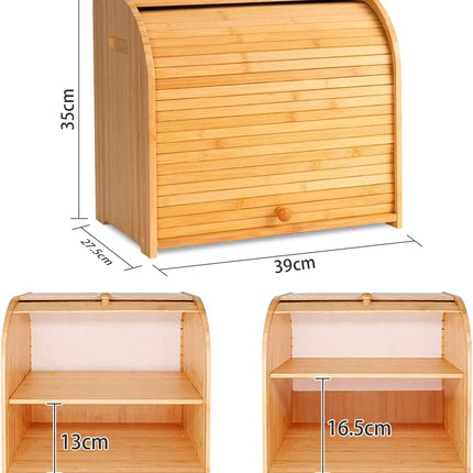 CARLA HOME Large Bamboo Bread Box Storage Organizer with Roll Top for Kitchen Counter