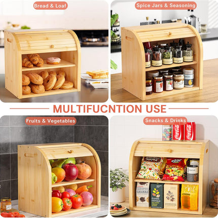CARLA HOME Large Bamboo Bread Box Storage Organizer with Roll Top for Kitchen Counter