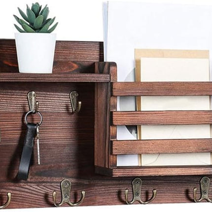 CARLA HOME Rustic Wood Wall Mounted Key and Mail Holder Organizer with Shelf, Letter Slot & 6 Hooks for Entryway Decor Home