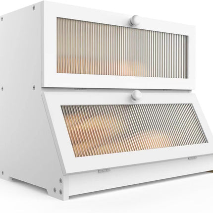 CARLA HOME Double Layer Bamboo Bread Box for Kitchen Counter - Large Capacity Bread Storage Container with Clear Window, Easy Assembly, Farmhouse Style Bread Holder (White)