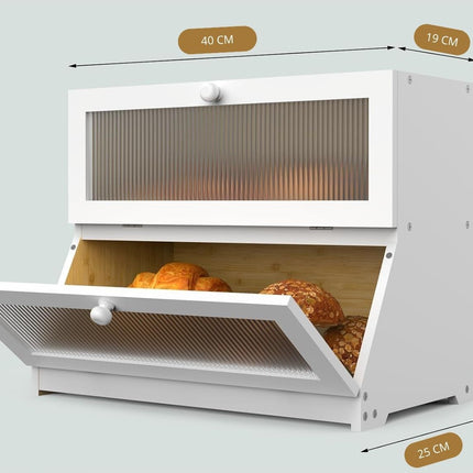 CARLA HOME Double Layer Bamboo Bread Box for Kitchen Counter - Large Capacity Bread Storage Container with Clear Window, Easy Assembly, Farmhouse Style Bread Holder (White)