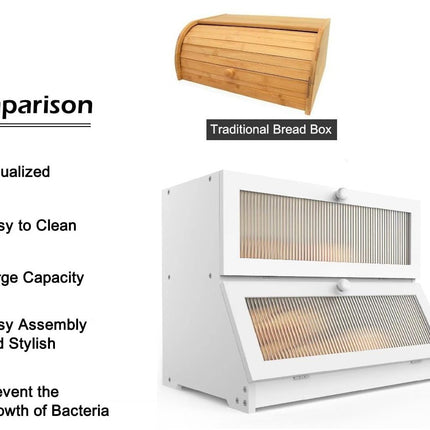 CARLA HOME Double Layer Bamboo Bread Box for Kitchen Counter - Large Capacity Bread Storage Container with Clear Window, Easy Assembly, Farmhouse Style Bread Holder (White)