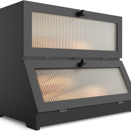 CARLA HOME Double Layer Bamboo Bread Box for Kitchen Counter - Large Capacity Bread Storage Container with Clear Window, Easy Assembly, Farmhouse Style Bread Holder (Black)