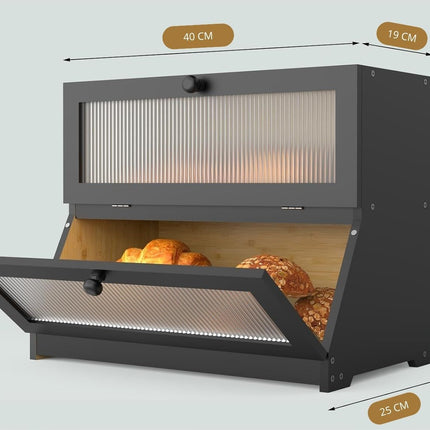 CARLA HOME Double Layer Bamboo Bread Box for Kitchen Counter - Large Capacity Bread Storage Container with Clear Window, Easy Assembly, Farmhouse Style Bread Holder (Black)