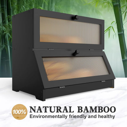 CARLA HOME Double Layer Bamboo Bread Box for Kitchen Counter - Large Capacity Bread Storage Container with Clear Window, Easy Assembly, Farmhouse Style Bread Holder (Black)