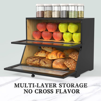 CARLA HOME Double Layer Bamboo Bread Box for Kitchen Counter - Large Capacity Bread Storage Container with Clear Window, Easy Assembly, Farmhouse Style Bread Holder (Black)