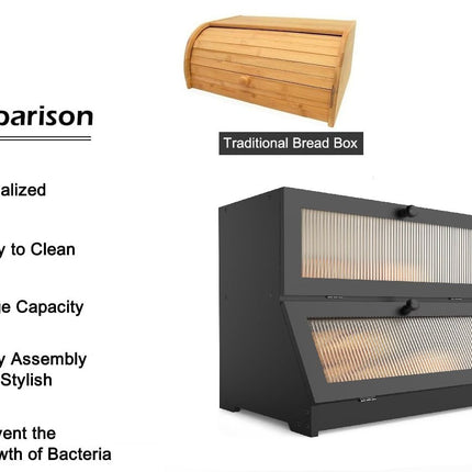 CARLA HOME Double Layer Bamboo Bread Box for Kitchen Counter - Large Capacity Bread Storage Container with Clear Window, Easy Assembly, Farmhouse Style Bread Holder (Black)