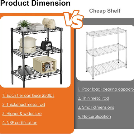 CARLA HOME 3-Tier Adjustable Metal Storage Shelves Wire Rack Organizer for Kitchen, Pantry, Bathroom or Laundry Room (60cm W x 35cm D x 103cm H)