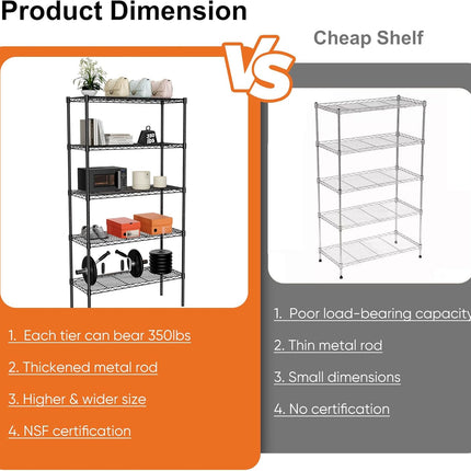 CARLA HOME 5-Tier Adjustable Metal Storage Shelves Wire Rack Organizer for Kitchen, Pantry, Bathroom or Laundry Room (60cm W x 40cm D x 176cm H)