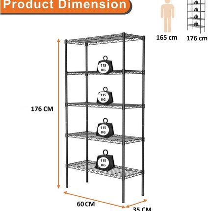 CARLA HOME 5-Tier Adjustable Metal Storage Shelves Wire Rack Organizer for Kitchen, Pantry, Bathroom or Laundry Room (60cm W x 40cm D x 176cm H)