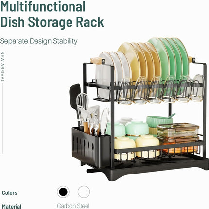 CARLA HOME 2-Tier Large Dish Drying Rack with Drainboard, Utensil Holder, Glass Hooks & Cutlery Storage (Black)