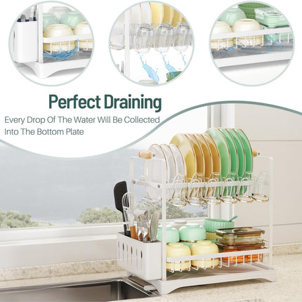 CARLA HOME 2-Tier Large Dish Drying Rack with Drainboard, Utensil Holder, Glass Hooks & Cutlery Storage (Black)